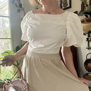 Whimsical White Balloon Puffy Sleeve Scoop Neck Blouse